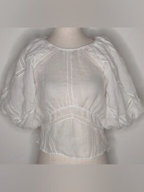 FRAME White Lace-Trim Puff Sleeve Blouse